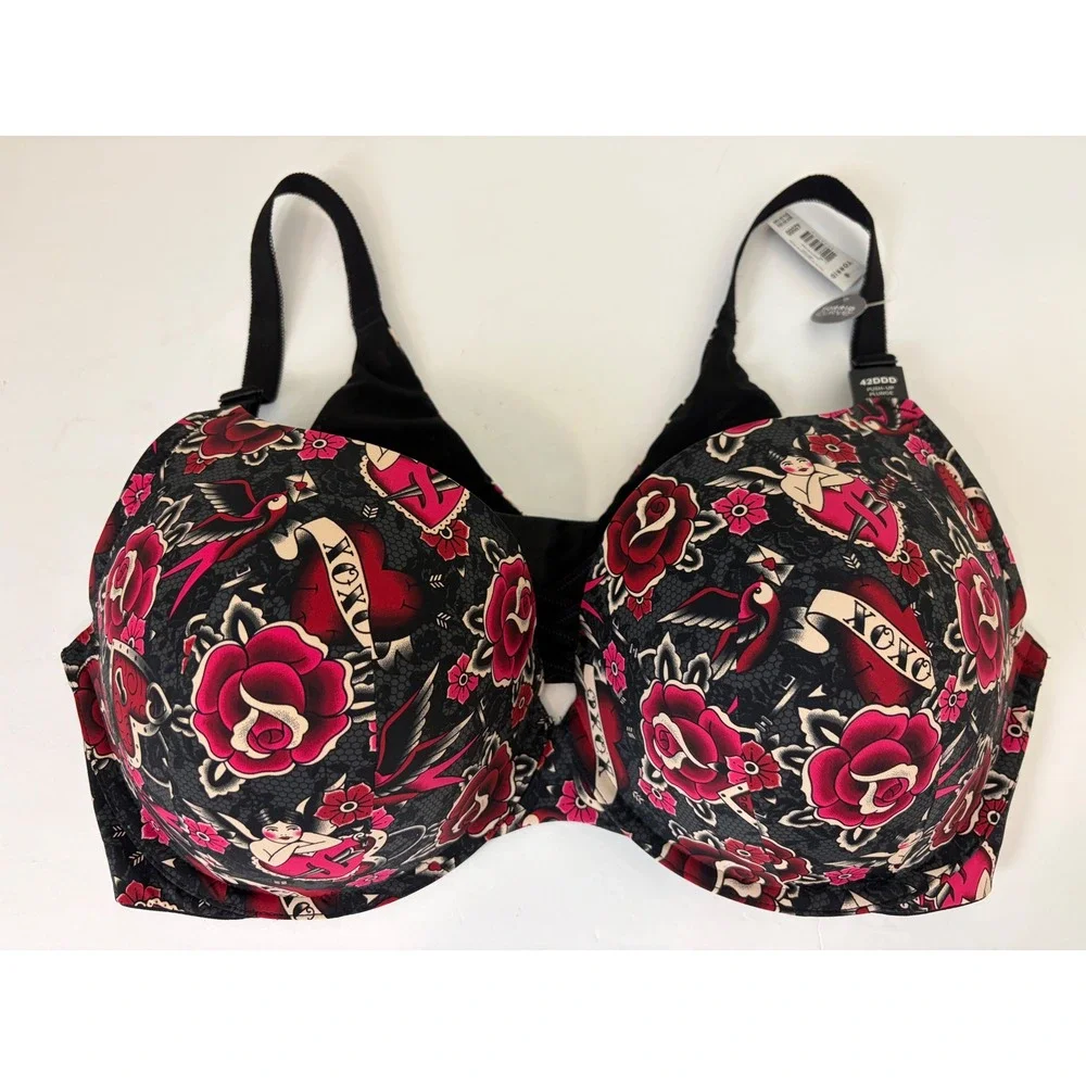 Torrid Curve XO‎ Plunge Push-Up Smooth Bra Sz 42DDD Black Red Rose Tattoo Floral